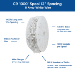 Novelty Lights C9 1000' Spool 12" Spacing 8 Amp White Wire