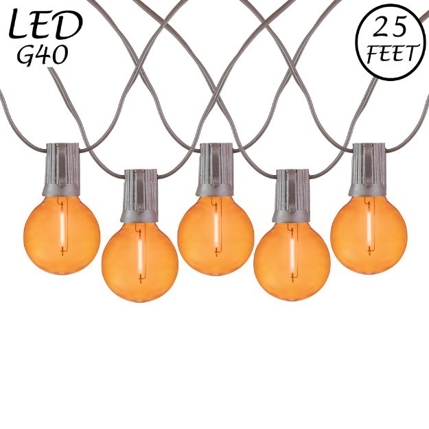 25 LED Filament G40 Globe String Light Set with Transparent Orange Bulbs on Brown Wire