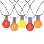 25 LED Filament G40 Globe String Light Set with Transparent Red, Orange & Yellow Bulbs on Brown Wire