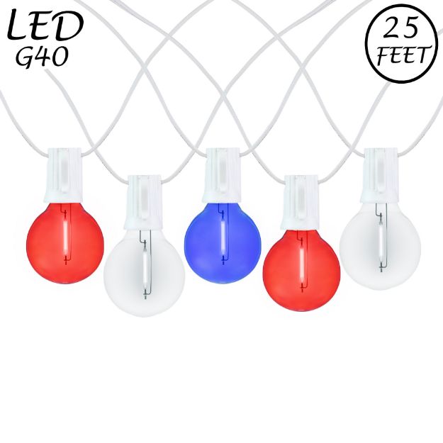 25 LED Filament G40 Globe String Light Set with Transparent Red, White & Blue Bulbs on White Wire