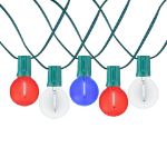 25 LED Filament G40 Globe String Light Set with Transparent Red, White & Blue Bulbs on Green Wire