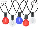 25 LED Filament G40 Globe String Light Set with Transparent Red, White & Blue Bulbs on Black Wire