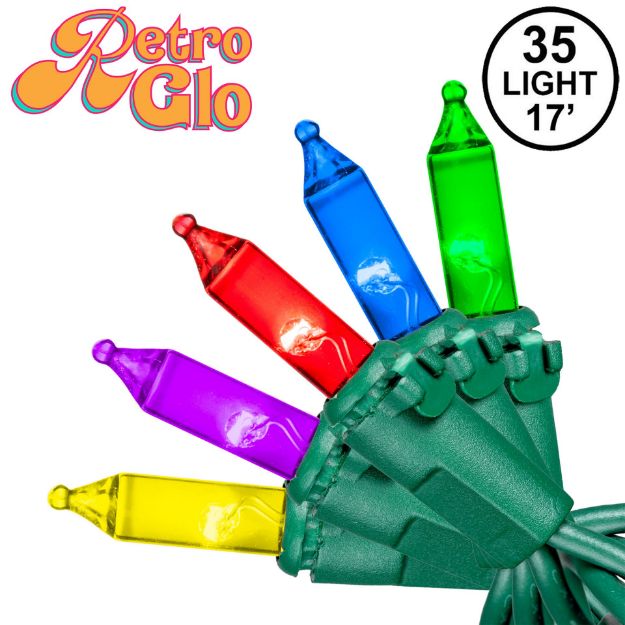RetroGlo® Multi Color Mini Lights 35 Light on Green Wire 17 Feet Long