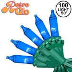 RetroGlo® Blue Mini Lights 100 Light on Green Wire 50 Feet Long