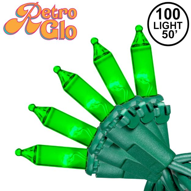 RetroGlo® Green Mini Lights 100 Light on Green Wire 50 Feet Long