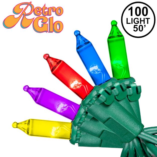 RetroGlo® Multi Color Mini Lights 100 Light on Green Wire 50 Feet Long