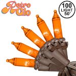 RetroGlo® Orange Mini Lights 100 Light on Brown Wire 50 Feet Long