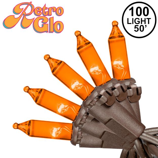RetroGlo® Orange Mini Lights 100 Light on Brown Wire 50 Feet Long