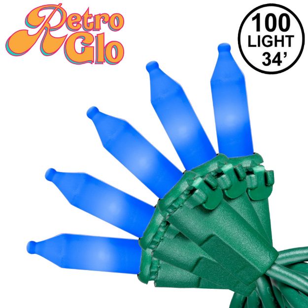 RetroGlo® Blue Ceramic Mini Lights 100 Light on Green Wire 34 Feet Long
