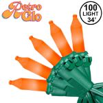 RetroGlo® Orange Ceramic Mini Lights 100 Light on Green Wire 34 Feet Long