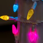 Yellow Teal Pink 70 LED C6 Strawberry Mini Lights Commercial Grade on White Wire