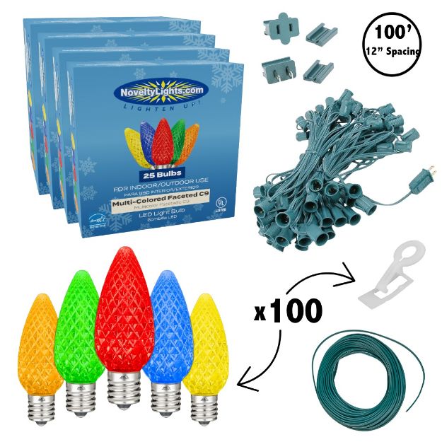 C9 Decorate Like a Pro® Kit - 100' LED Diamond Faceted Multi Color Green Wire w/12" Bulb Spacing