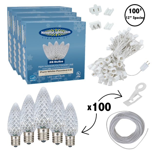 C9 Decorate Like a Pro® Kit - 100' LED Diamond Faceted Pure White White Wire w/12" Bulb Spacing