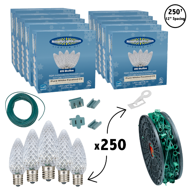 C9 Decorate Like a Pro® Kit - 250' LED Diamond Faceted Pure White Green Wire w/12" Bulb Spacing