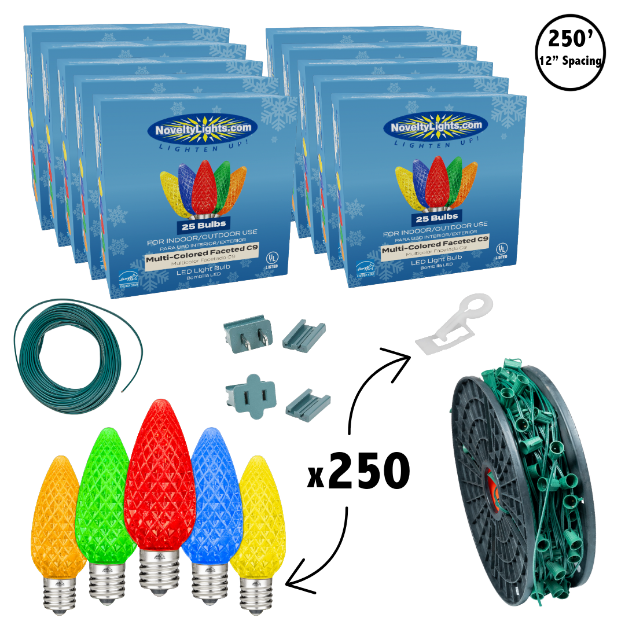 C9 Decorate Like a Pro® Kit - 250' LED Diamond Faceted Multi Color Green Wire w/12" Bulb Spacing