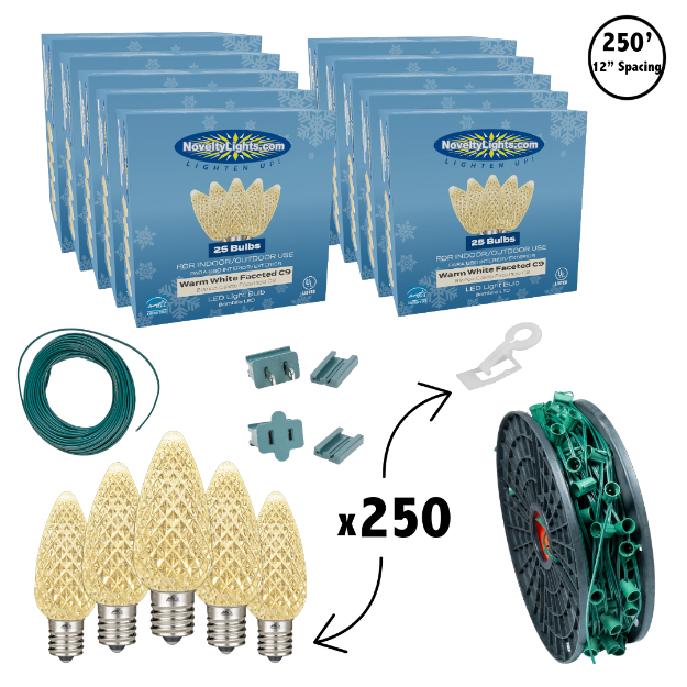 C9 Decorate Like a Pro® Kit - 250' LED Diamond Faceted Warm White Green Wire w/12" Bulb Spacing