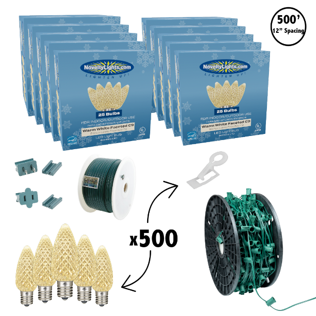 C9 Decorate Like a Pro® Kit - 500' LED Diamond Faceted Warm White Green Wire w/12" Bulb Spacing