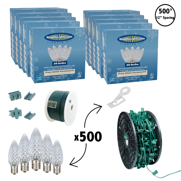 C9 Decorate Like a Pro® Kit - 500' LED Diamond Faceted Pure White Green Wire w/12" Bulb Spacing