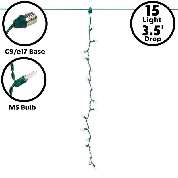 15 LED C9 Icicle Drop Green Wire - Pure White
