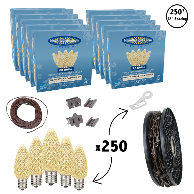 C9 Decorate Like a Pro® Kit - 250' LED Diamond Faceted Warm White Brown Wire w/12" Bulb Spacing