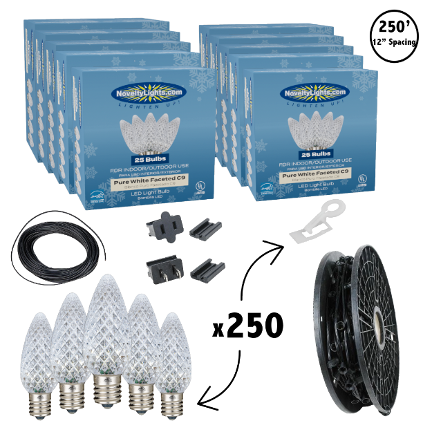C9 Decorate Like a Pro® Kit - 250' LED Diamond Faceted Pure White Black Wire w/12" Bulb Spacing