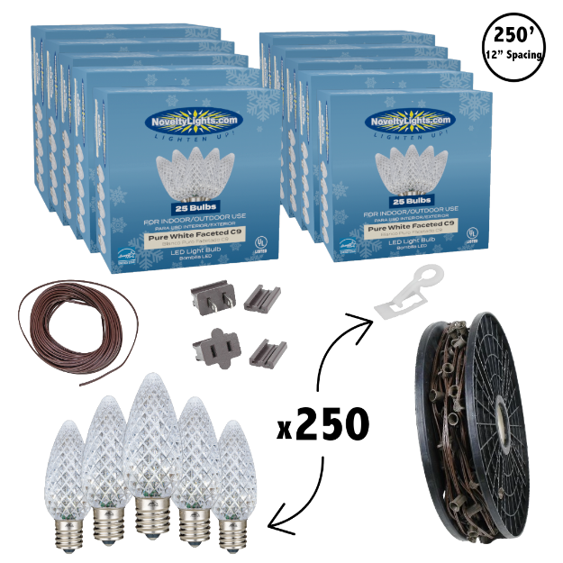 C9 Decorate Like a Pro® Kit - 250' LED Diamond Faceted Pure White Brown Wire w/12" Bulb Spacing