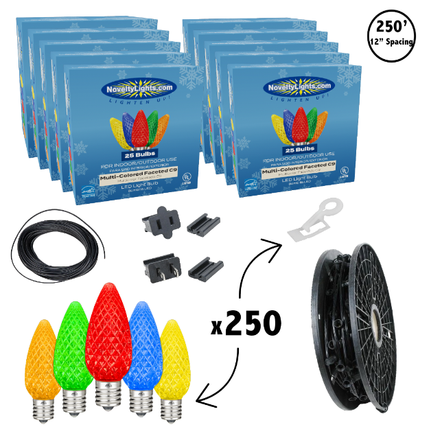 C9 Decorate Like a Pro® Kit - 250' LED Diamond Faceted Multi Color Black Wire w/12" Bulb Spacing
