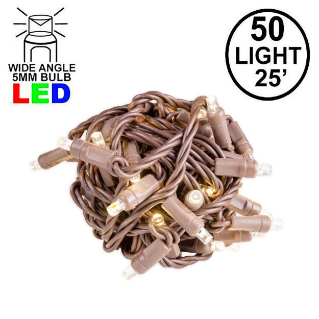 Commercial Grade Wide Angle 50 LED Old Color Warm White (19WW) 25' Long on Brown Wire