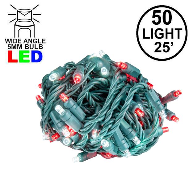 Commercial Grade Wide Angle 50 LED Red & Pure White 25' Long on Green Wire