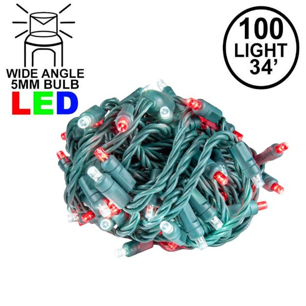 Commercial Grade Wide Angle 100 LED Red & Pure White 34' Long on Green Wire