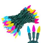 Yellow Teal and Pink 70 LED C6 Strawberry Mini Lights Commercial Grade on Green Wire - copy