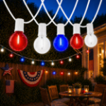 25 LED Filament G40 Globe String Light Set with Transparent Red, White & Blue Bulbs on White Wire